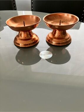 Pair of Vintage Copper Pedestal Candle Holders with Center Spikes